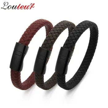 

LOULEUR Men Jewelry Punk Black Braided Geunine Leather Bracelet Stainless Steel Magnetic Buckle Fashion Bangles 19/21cm