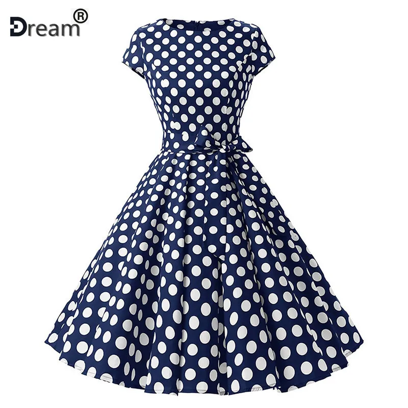 

Summer Blue Polka Dot Dress Women 2019 O Neck Short Sleeve Elegant Party Dress Plus Size 50s 60s Swing Vintage Rockabilly Dress