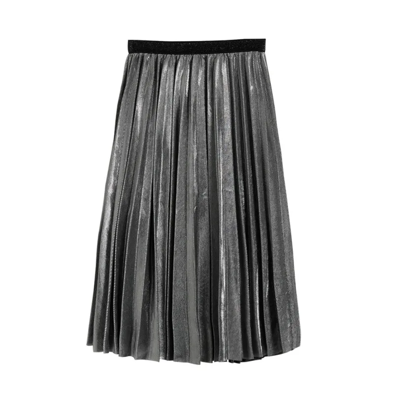 ROPALIA, модная юбка миди, плиссированная юбка, для женщин, металлическая, серебряная, юбка с высокой талией, длинная, металлическая, вечерние, для клуба, женская одежда - Цвет: Серый