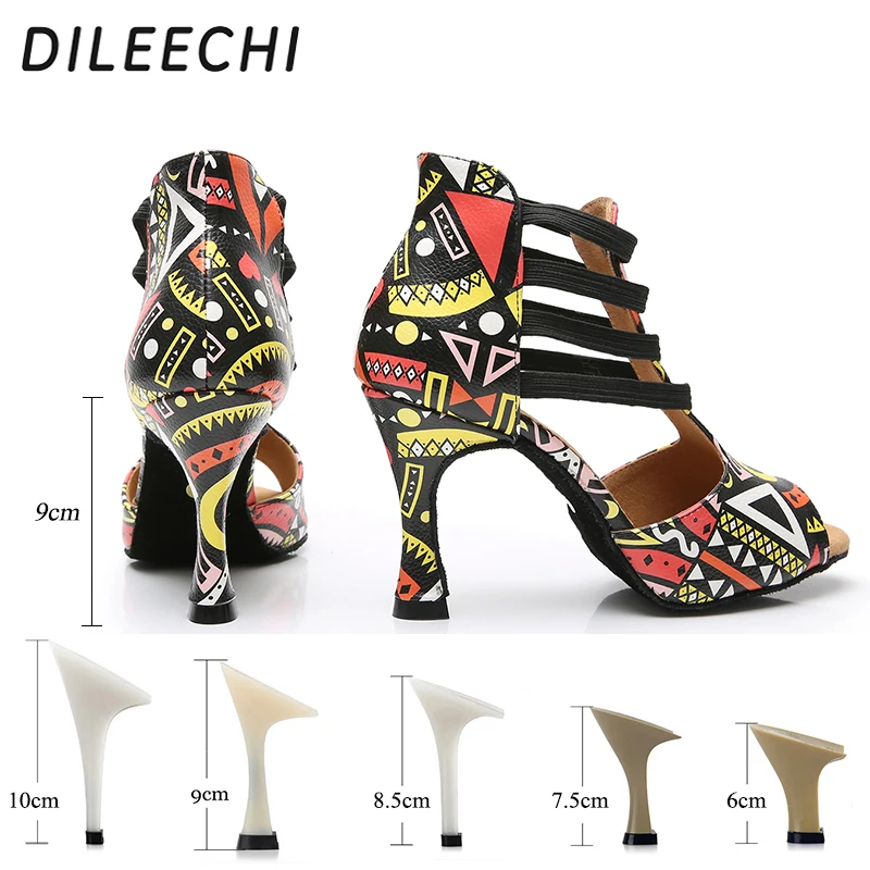 Dance Shoes DILEECHI Featured print Dance Shoes For Women Latin Salsa Dance Boots Paty Ballroom Shoes Women cuban heel 9CM