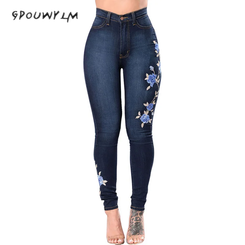 Dark Blue Embroidery Jeans 2017 High Waist Woman Plus Size Denim Women Push Up Female Stretch Slim mom |