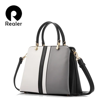

REALER design handbag female fashion black and white patchwork tote ladies handbags high quality artificial leather office bag