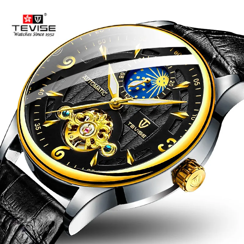 

Fashion Brand TEVISE Men Watch Automatic Mechanical Watch Leather Strap Moon phase Tourbillon Sport Clock Relogio Masculino