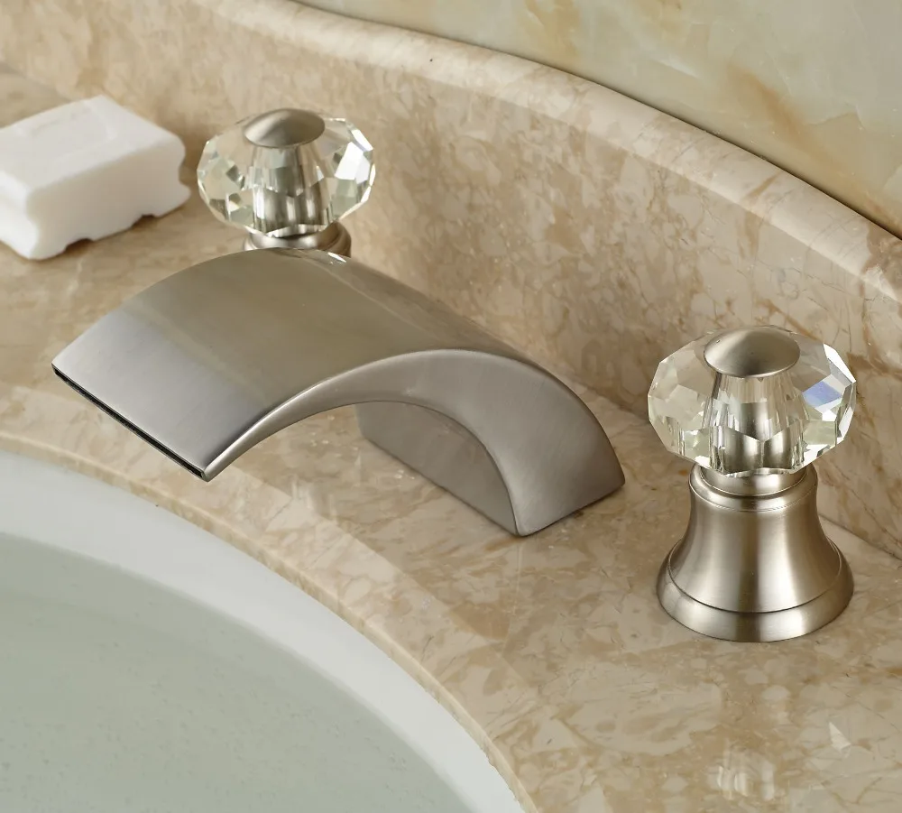 

Brushed Nickel 3pcs Bathroom Sink Faucet Waterfall Spout Two Handles Basin Mixer Tap