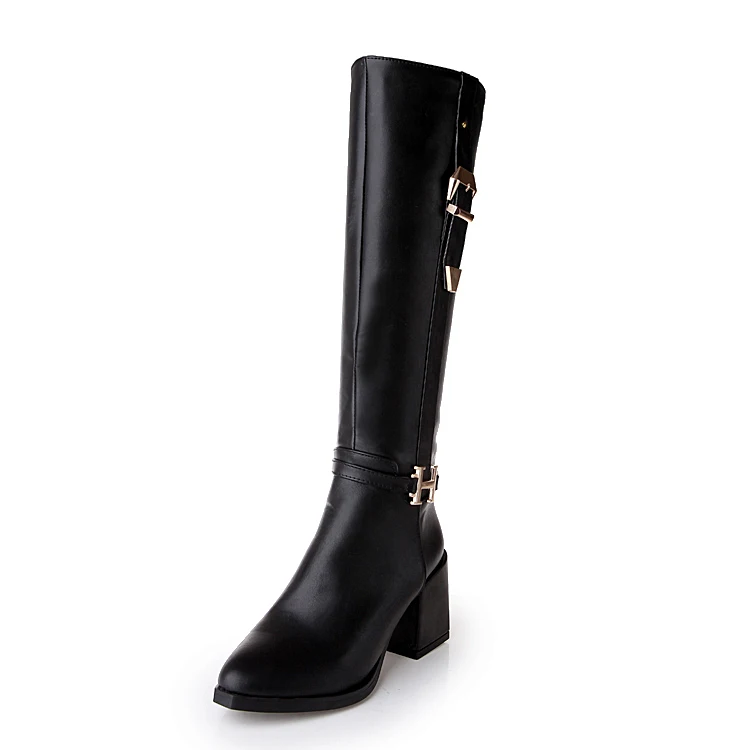 Женщин зимняя обувь мода PU кожа Острым Носом на высоком каблуке Пряжки украшения Колен сапоги большой размер 34-43 ASL-255 - Цвет: black