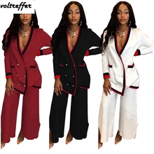 2019 New Striped Two Piece Set Loose Cardigan Button Pockets Wide Leg Palazzo Pants Sweat Suit Oversized Casual Outfits Matching button fly pockets wide pants