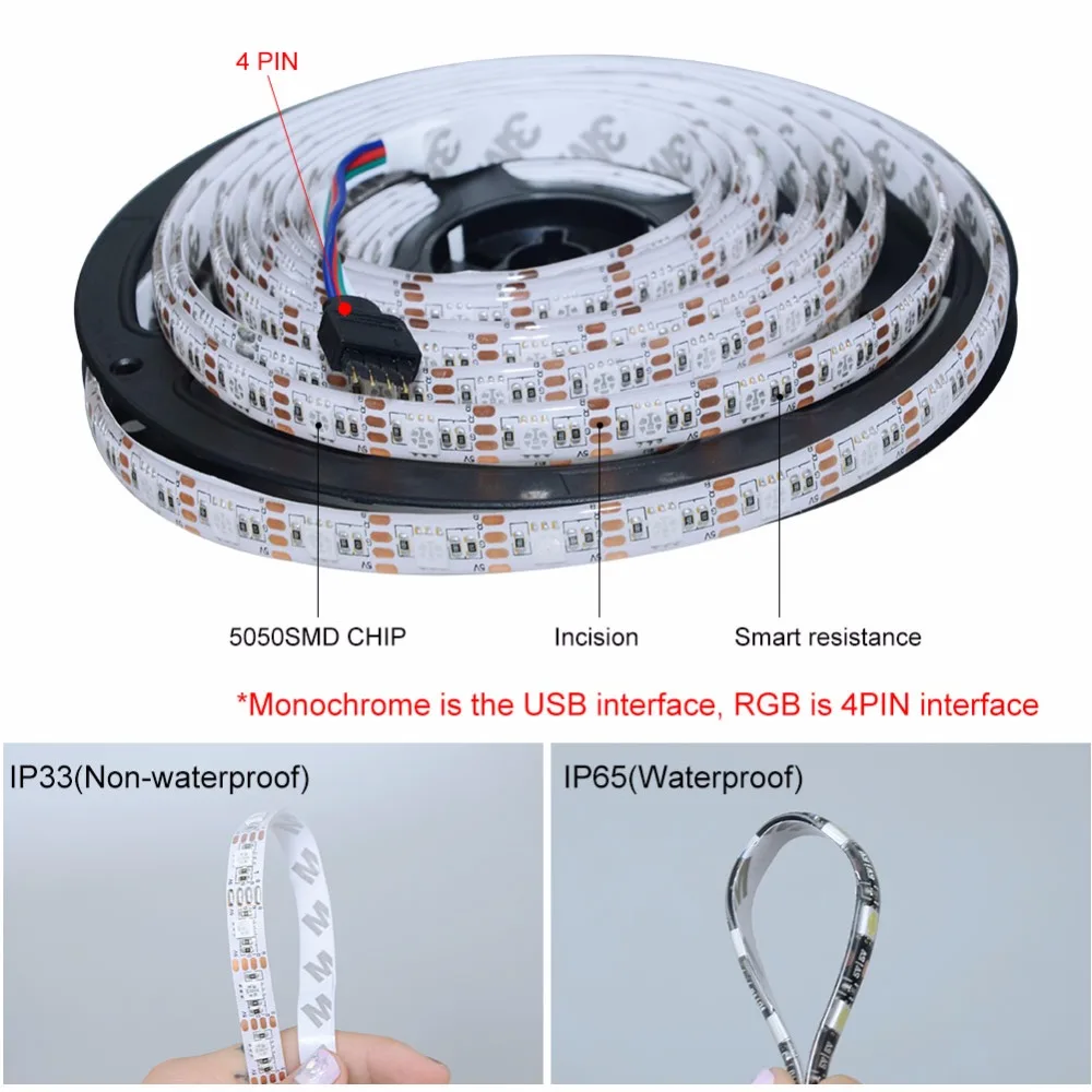 Светодиодная лента черная печатная плата 5 В зарядное устройство USB 5050 RGB
