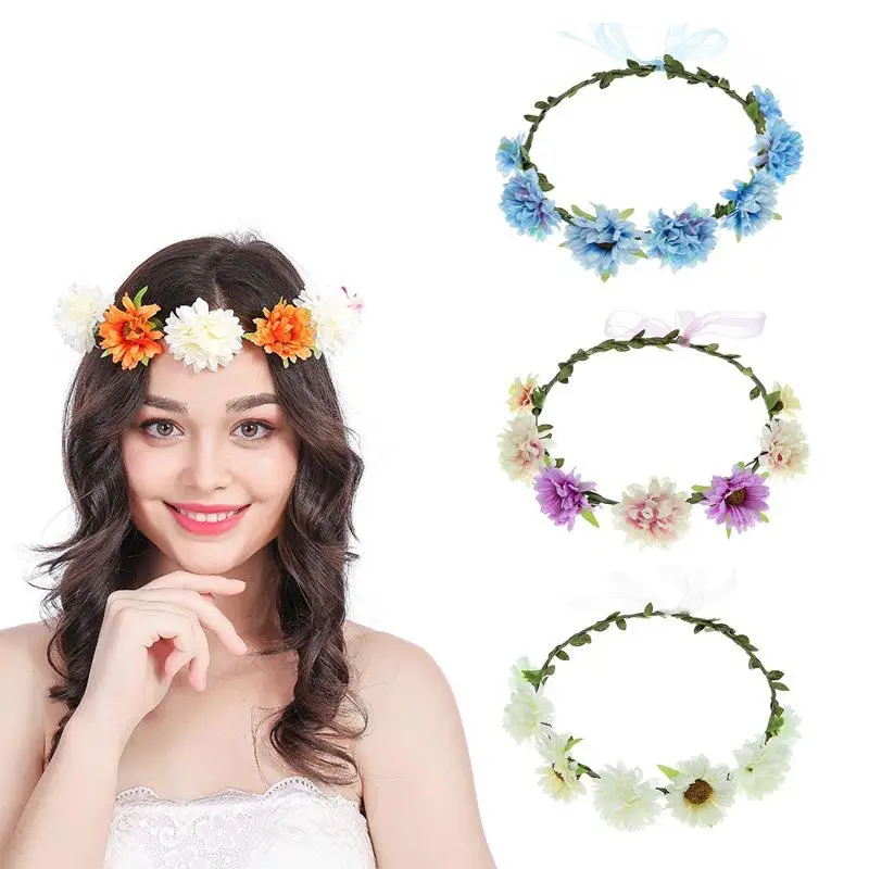 

Sweet Flower Crown Bride Wreath Wedding Garlands Adjustable Hair Accessories Beach Wianek Kwiatowy Boho Elastic Headband 2019