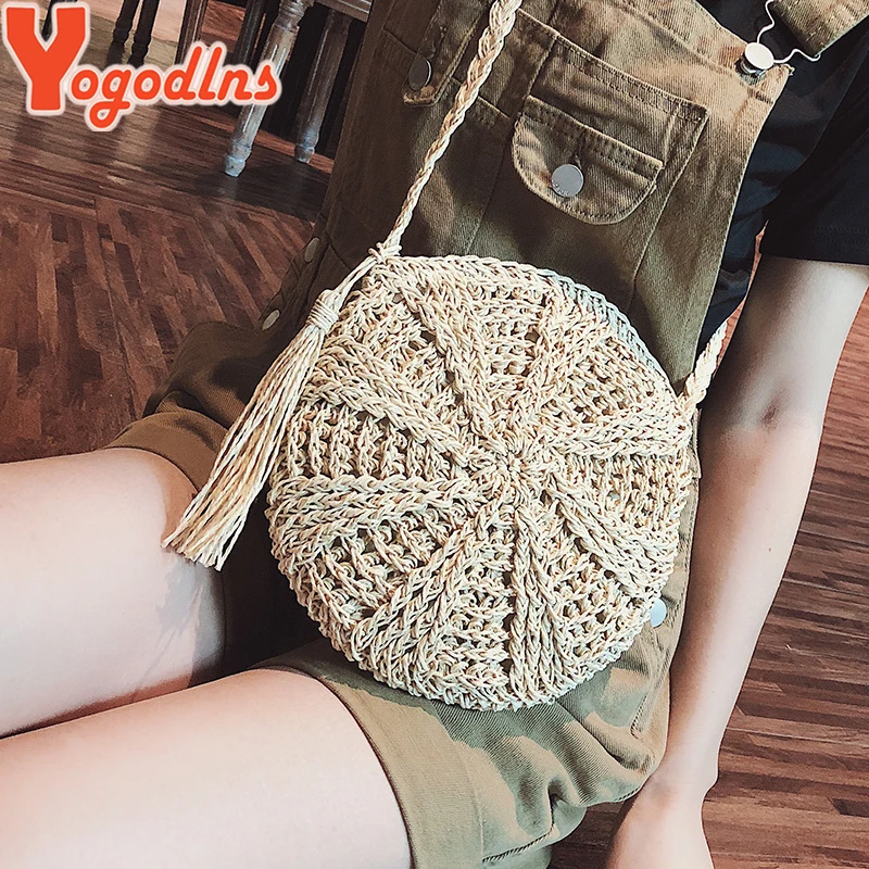 Women Straw Bags Bohemian Rattan Female Beach Handbag Circle Lady Woven Crossbody Bag Handmade Round Kintted Bag bolso