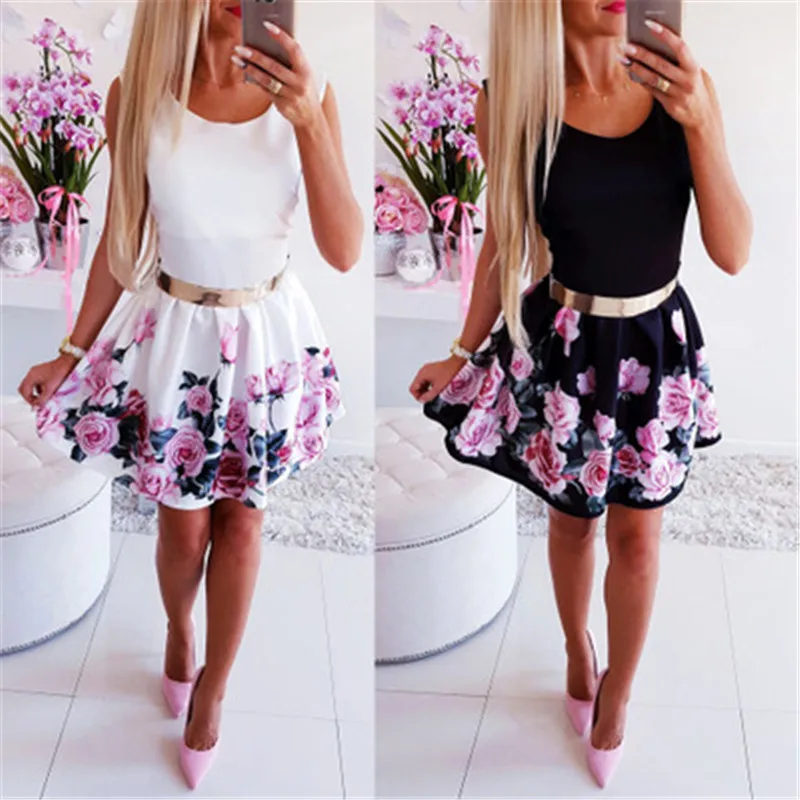 

2019 Summer new women's sexy sleeveless dress sexy round neck waist rose print women's mini dress fresh sweet temperament dress