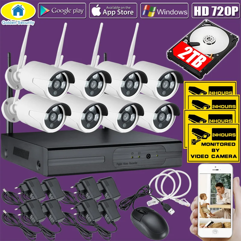 

Golden Security 8CH Wireless 1080P NVR Kit 720P HD Waterproof Security WiFi Camera System Surveillance System 500G 1TB 2TB