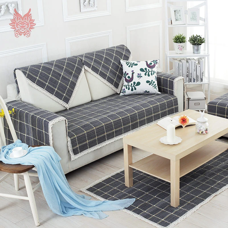 

British style dark grey plaid cotton linen sofa cover lace decor slipcovers canape geometric furniture couch covers SP3250