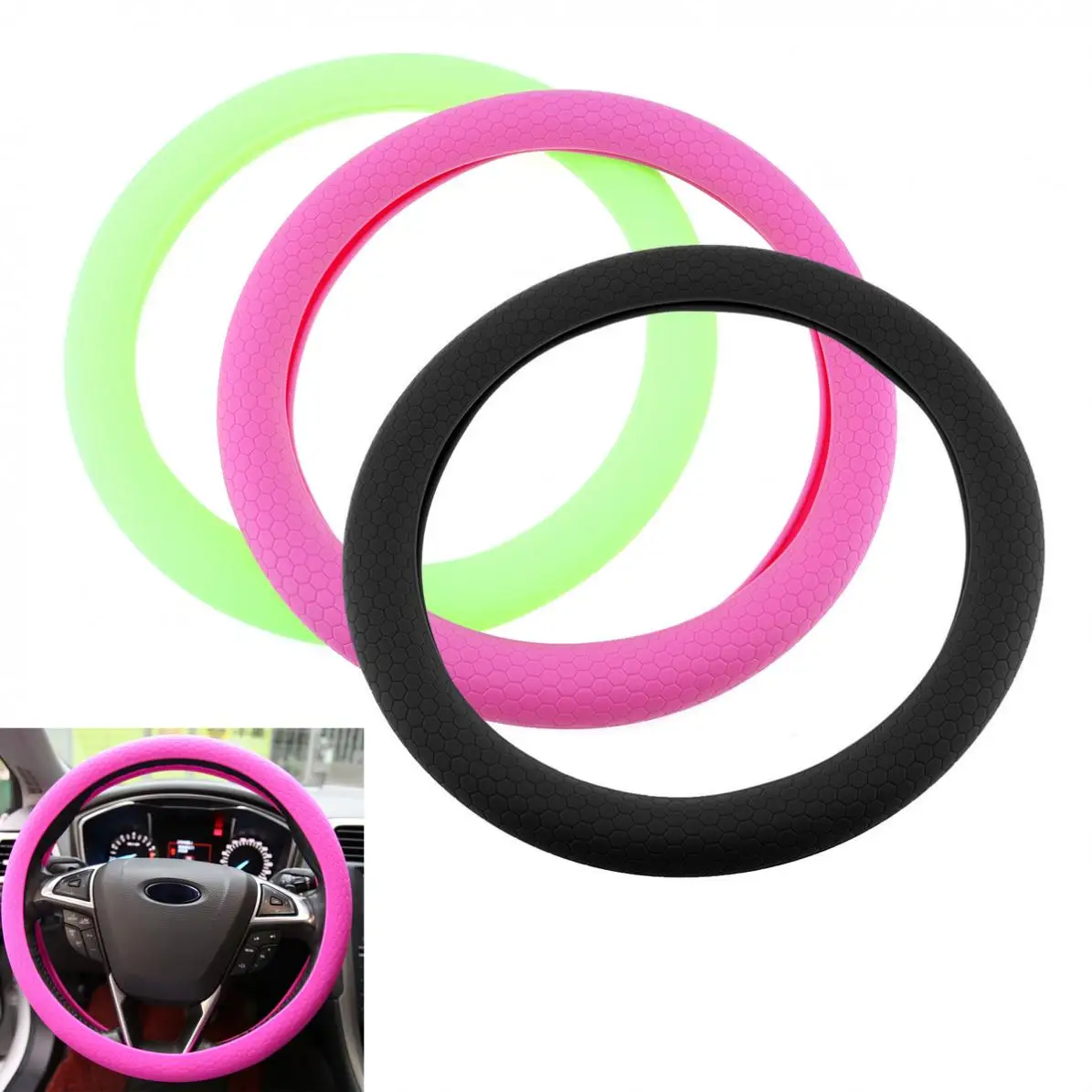 Universal 14-15 Inch Silicone Steering Wheel Cover - Skidproof Grip, Black, Protector