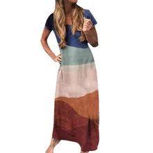 Женское Макси платье MAXIORILL летнее платье богемное пляжное с коротким рукавом геометрическое печатное с v-образным вырезом длинное платье-футболка#3