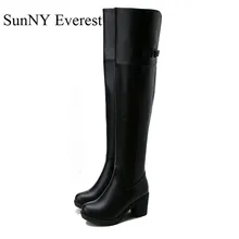Солнечный Эверест Женские ботинки зимние сапоги до колена из коровьей кожи обувь на квадратном каблуке 6 см женские сапоги на молнии Botas де Mujer черный красный 34-40 US9