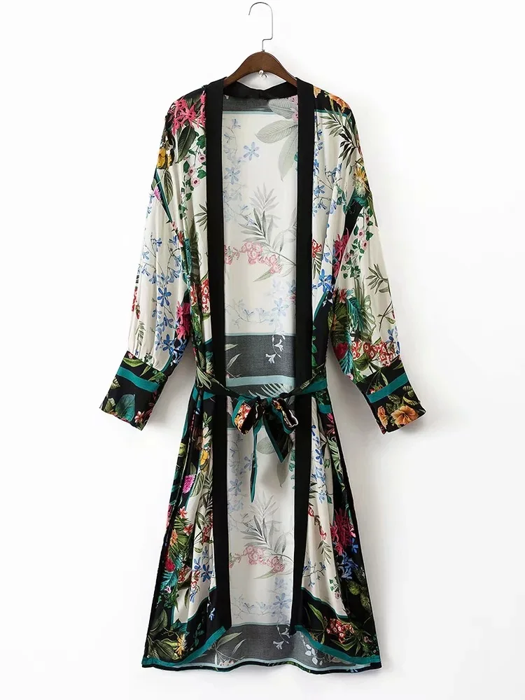 

Wome Beach Kimono Cardigan Chic Chiffon Print Loose Belt Beach Party Wear Robe Female Japanese Kimonos Cardigan