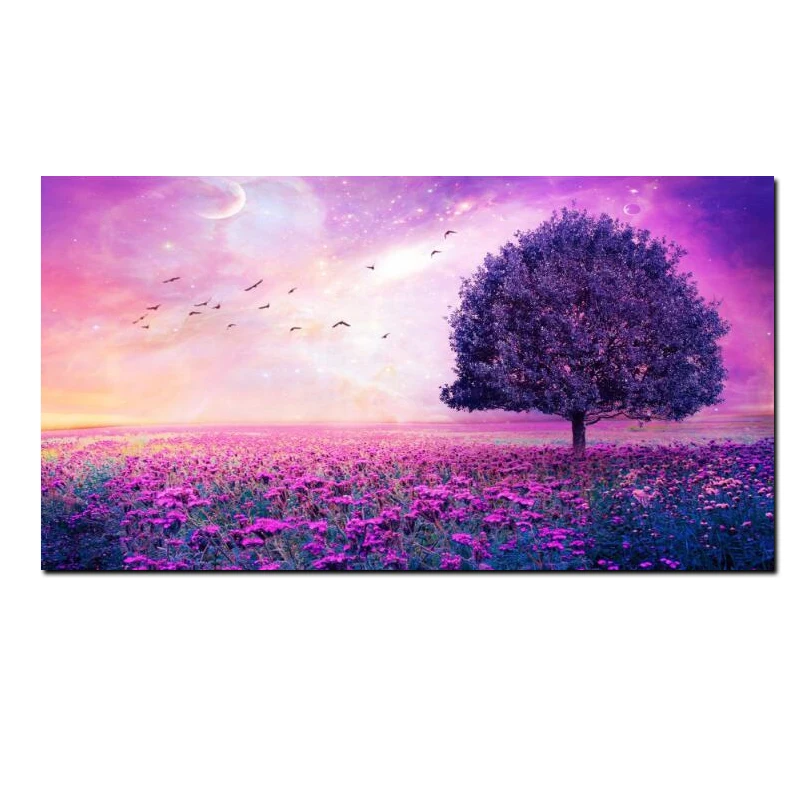 

Big size Tree on Purple Flower Sea Creative Canvas Painting Bird Sky on Canvas Landscape Wall Art Picture Living Room Home Decor
