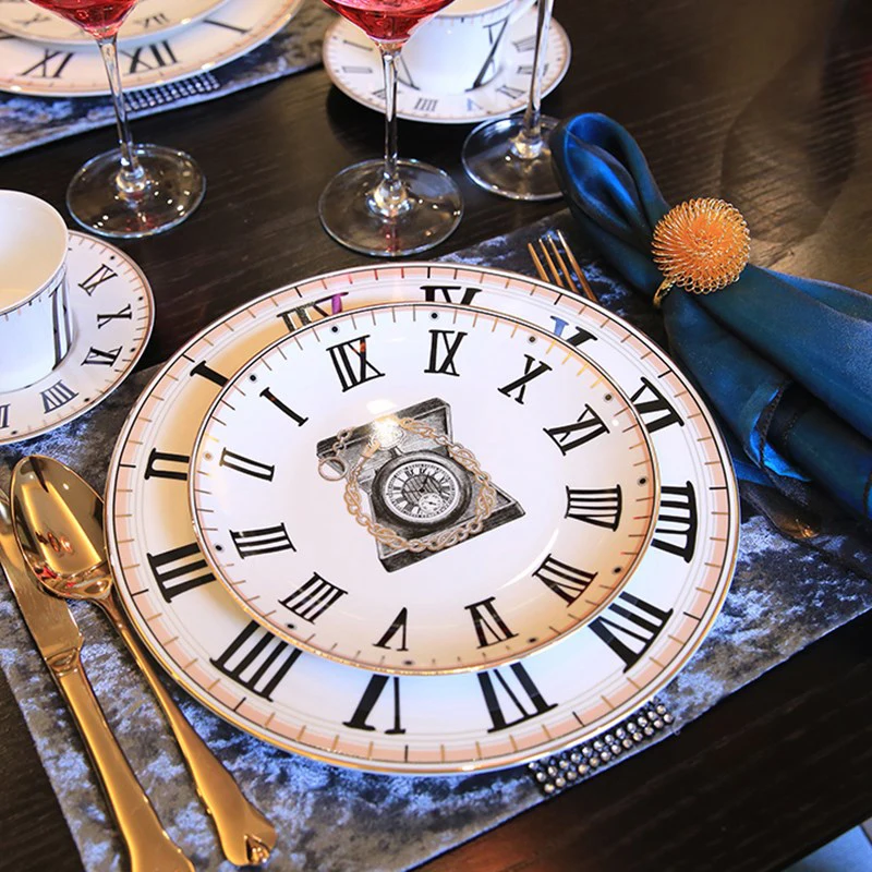 

Creative Retro Clock Pattern With Gold Edge Bone China Dinnerware Set Ceramic Steak Dinner Plates Coffee Mug Christmas Gift
