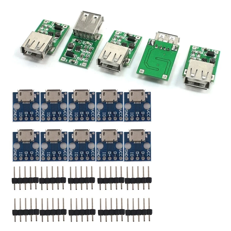 

5pcs 0.9V To 5V DC-DC Converter USB Step Up Boost Module 600ma Green + Silver & 10 Pcs Mini USB Turn Dip Interface Seat 5V Pow