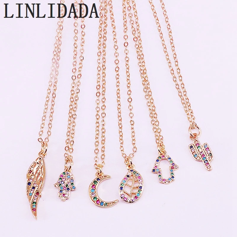 

12Pcs Fashion gold color jewelry women trendy elegant jewelry crescent/ Feather pendants pave rainbow cz delicate necklace