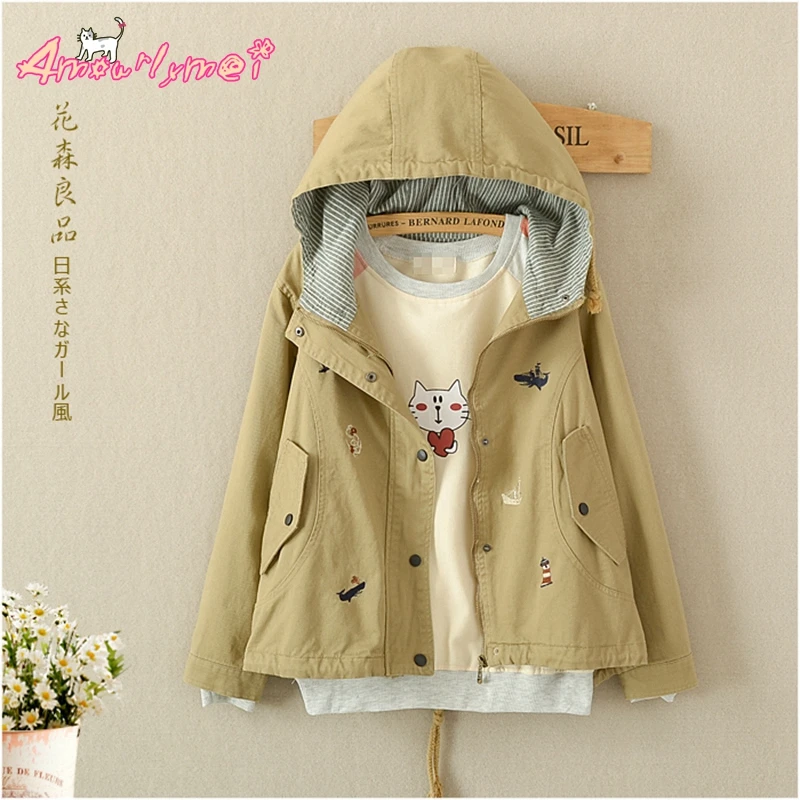 

2018 Autumn New Women Jacket Japanese Style Mori Girl Cotton Embroidery Loose Hooded Long Sleeve Casual Outerwear Female Coat