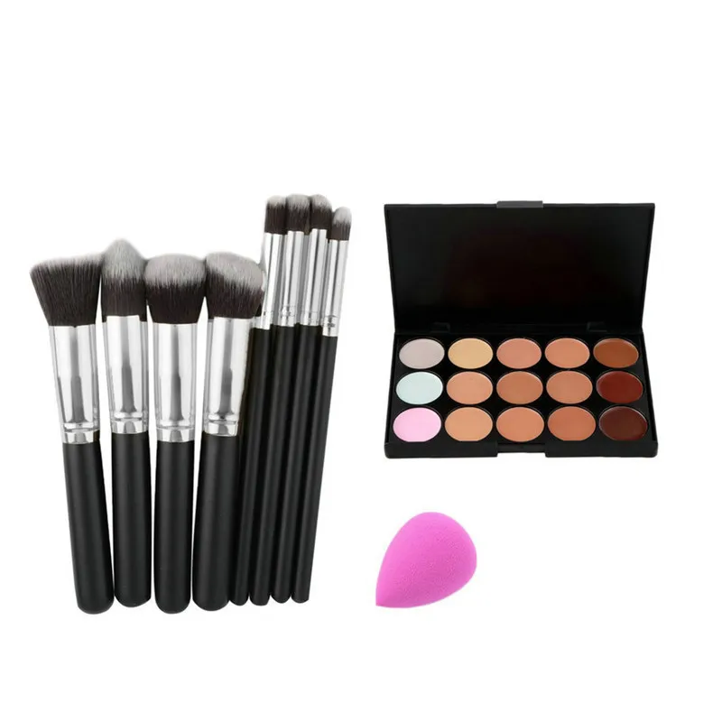 

15 Colors Makeup Concealer Palette + Sponge Puff + 8pcs Brushes Set