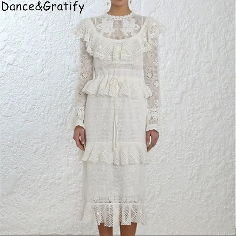 

2019 spring summer new arrive sweet cute white lace midi dress flare sleeve ruffles women chic dress holiday vacation clothing