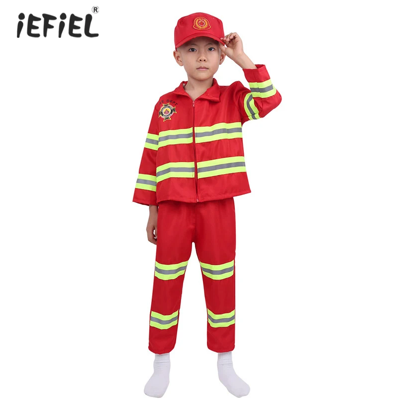 iEFiEL Unisex Boys Girls Children Firefighter Cosplay Costume Long Sleeves Theme Party Zipper Closure Tops Jacket with Pants Hat | Мать и