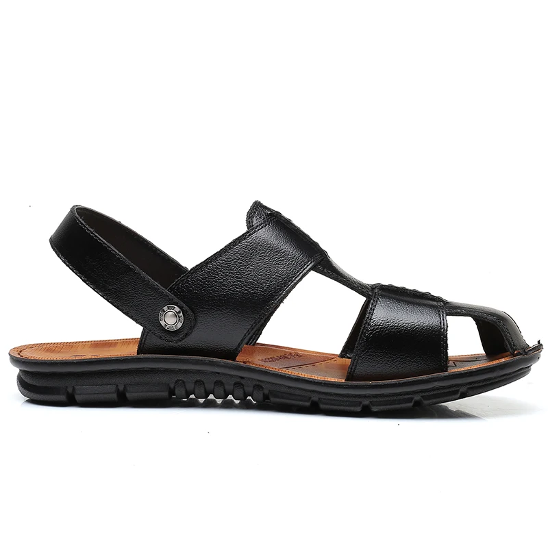 Летние мужские сандалии из натуральной кожи; Повседневная дышащая пляжная обувь без застежки; модные кожаные шлепанцы; мужские шлепанцы; большие Size38-47 - Цвет: Black