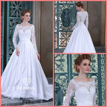 

Robe de mariage ball gown white satin lace appliques wedding dress long sleeve scoop neckline beading sequined bride gowns 2019