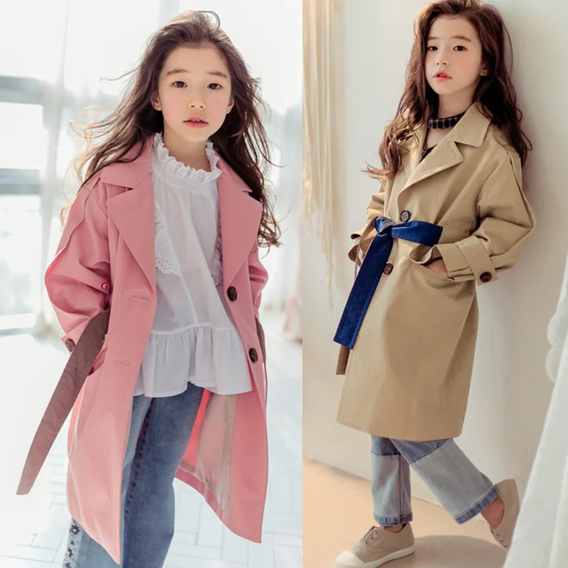 

2019 Spring Autumn Kids Girl Sashes Trench Coat Teen Girl Solid Causal Outerwear Children Pure Cotton Windbreaker Jacket Q550