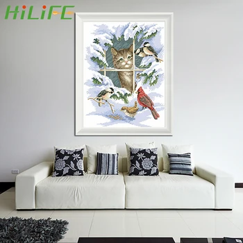 

HILIFE Full Needlework Canvas Painting DIY Cross Stitch Winter Cat and Birds Embroidery kits 14CT Snow Scenery DMC Count Print