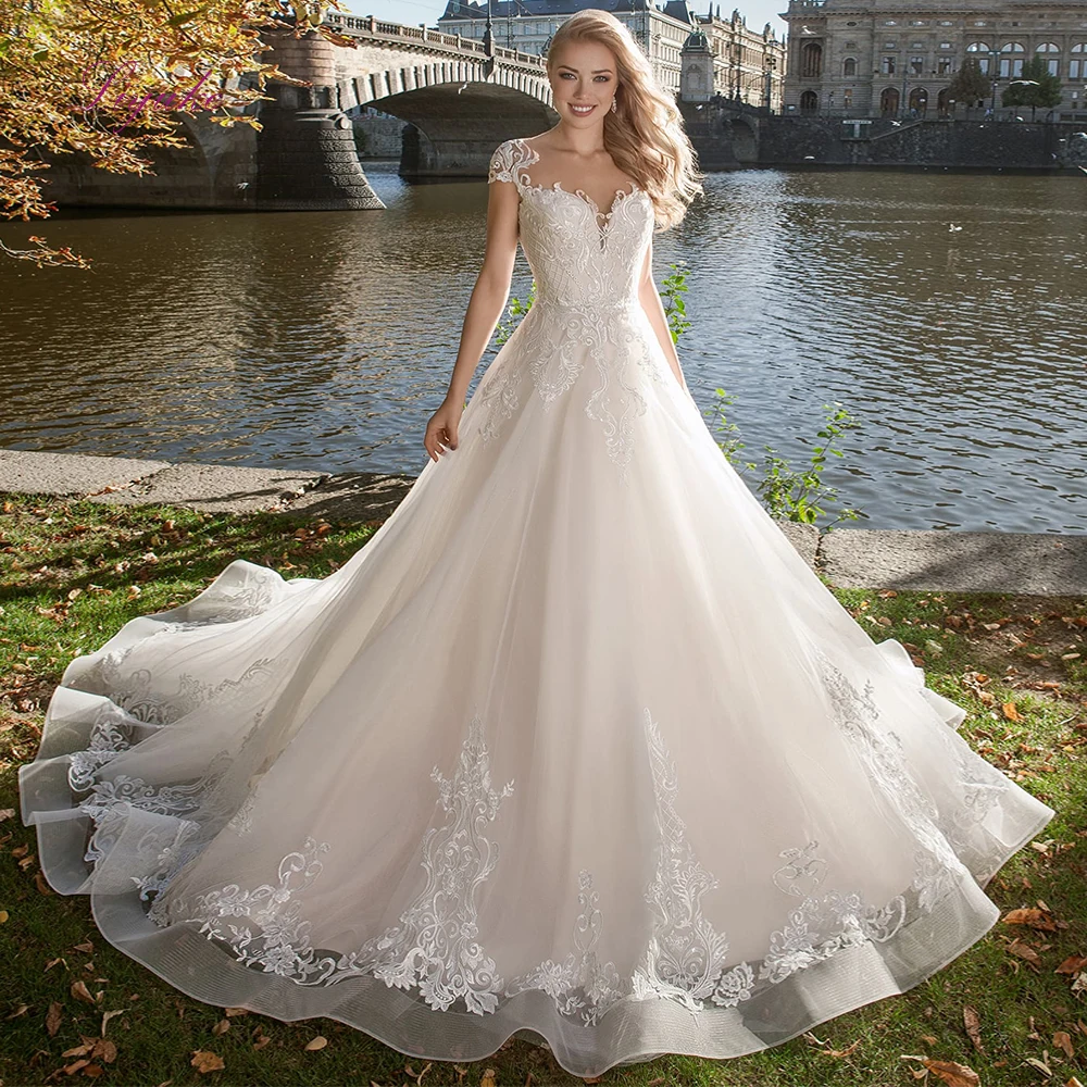 Liyuke 2019 Married A-line Wedding Dress Lace Up Appliques Cap Sleeves Scoop Neck Customized Floor-length | Свадьбы и торжества