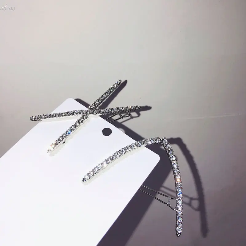 

AOMU Korea Fashion Shiny Crystal Rhinestones Hair Clips for Women Hair Accessories Geometric Triangle X shape Hairpins Hairgrip