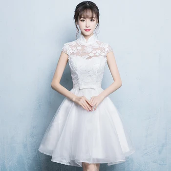 

Novelty Mandarin Collar Cheongsam White Elegant Female Mini Qipao Vestidos Noble Short Sleeve Chinese Style Evening Dress Gown