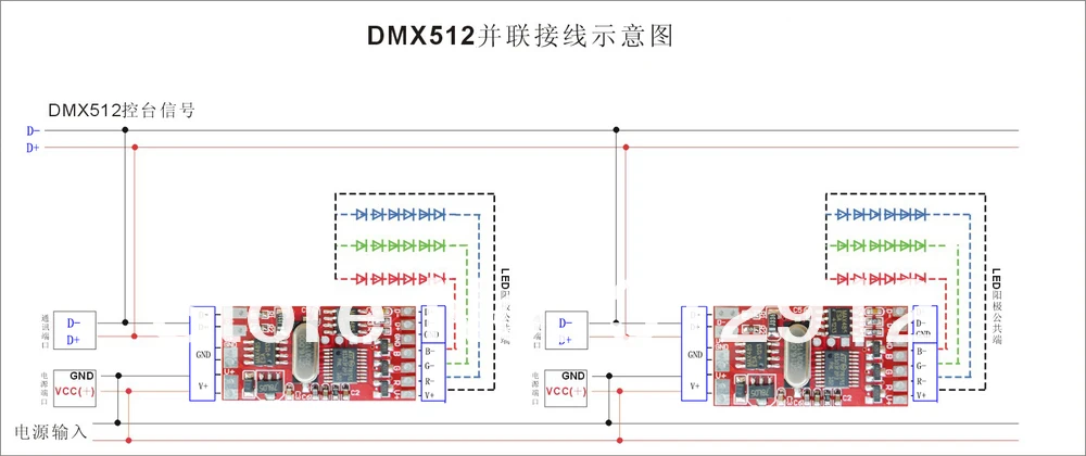 DM-103; 3 канала RGB DMX декодер постоянное напряжение, DC12-24V вход, max 2A* 3 выходной канал