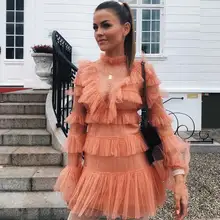 KHALEE YOSE High Quality Mini Dress Sexy Mesh Lace Dresses Womens Tiered Long Sleeve Mock Neck Ruffle Trim Sheer Runway Dress KHALEE YOSE High Quality Mini Dress Sexy Mesh Lace Dresses Womens Tiered Long Sleeve Mock Neck Ruffle Trim Sheer Runway Dress