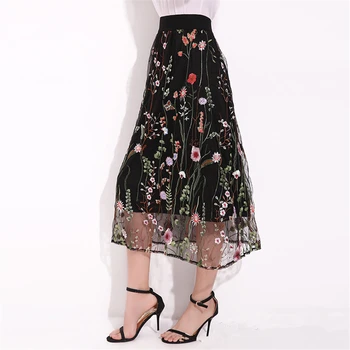 

2019 Fashion Embroidered Women's Long Black Tulle Skirt Plus Size Midi Skirt Maxi Summer Beach Boho Gothic Skirt Faldas Saia