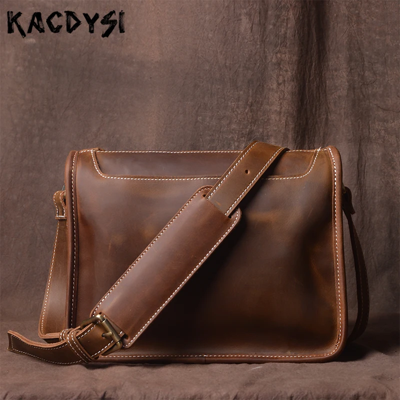 

Designer Handmade Retro Crazy Horse Leather Simple Unisex Messenger Bag Genuine Cow Leather Small Leisure Man Cross Shoulder Bag