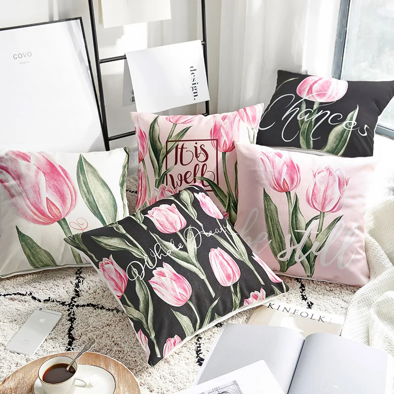 

Cotton Linen Pillow Cover Country Style Peony Floral Pink Tulip Cushion Cover Home Decorative Pillow Case 45x45cm/60x60cm