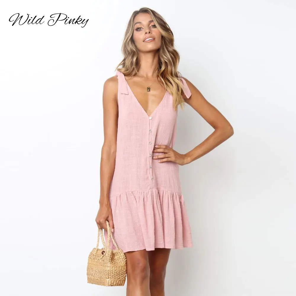

WildPinky 2019 New Fashion Women Summer Dresses Strap Female Clothes Sleeveless Beach Dress V-neck Buttons Draped Solid Dress