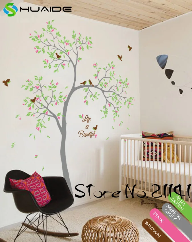 

Spring Tree Wall Decals Life is Beautiful Large Tree Wall Stickers for Kids Room Baby Nursery Wall Tattoo Vinilos Paredes JW196A