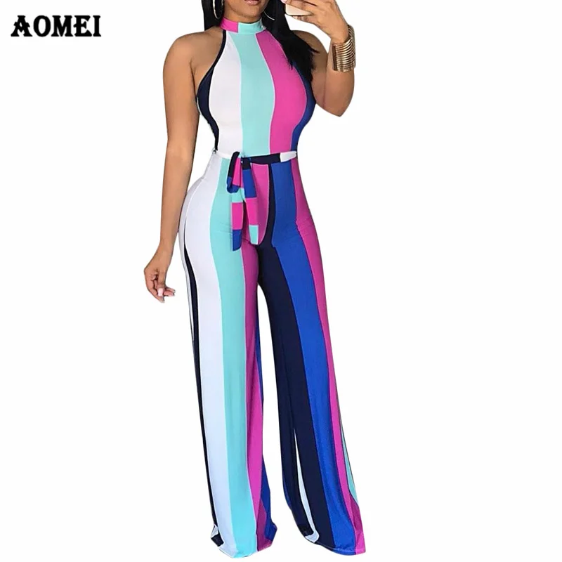 

Summer Rainbow Stripe Printing Overall Jumpsuits Sexy Vacation for Women Wide Leg Pants Elegant Casual Holiday Beachwear Clothes