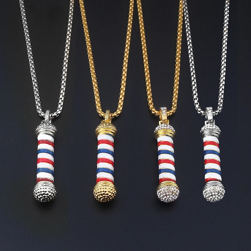 

Fashion Jewelry Gold&Silver Barber Shop Poland 3D Barber Pole Necklace 2 Style Hiphop Barber Haircut Gothic Necklaces for men