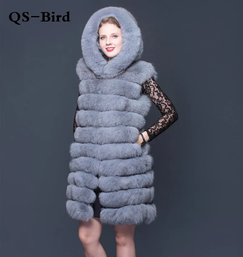 100% Real Blue Fur Coat With Hooded For Women Natural Winter Genuine