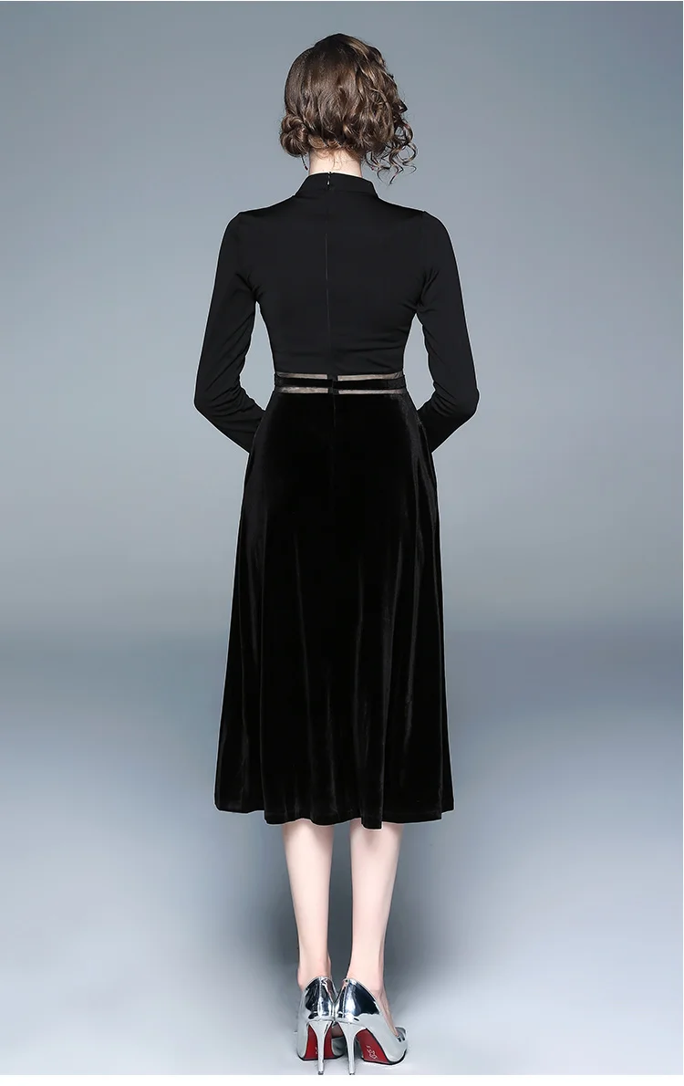 Tang 2019 New Autumn Winter Dress Women Plus Size Velvet mesh Stitching Long Vintage Elegant Robe Elbise Office Casual Dress vestidos (4)