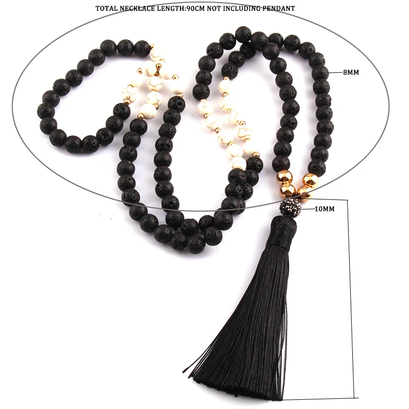 Модные черные камни лавы богемные племенные ювелирные изделия длинное ожерелье с черной кисточкой для женщин