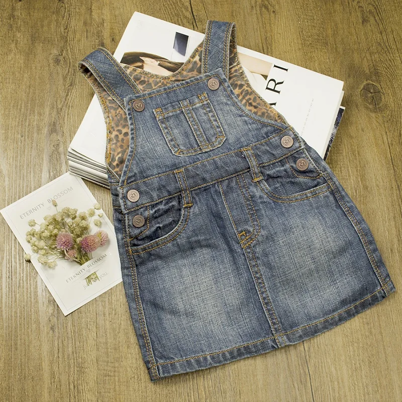 3 Baby Girls Denim Dresses Mini Sundresses Jumpsuits Newborn Infant Toddler Bebe Kids Leopard Straps Suspender Cotton A-line
