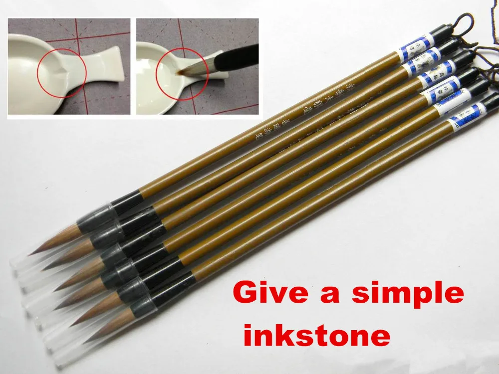 

6Pcs Weasel Hair Calligraphy Brown Brush Pen Set + 1Simple Inkstone