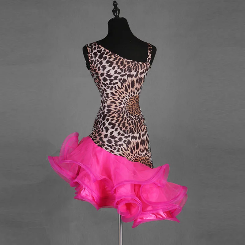 Леопардовое розовое платье для латинских танцев для женщин, сексуальное платье для сальсы, латинские платья для спортивных танцев, одежда для латинских танцев, платье Танго Румба для женщин